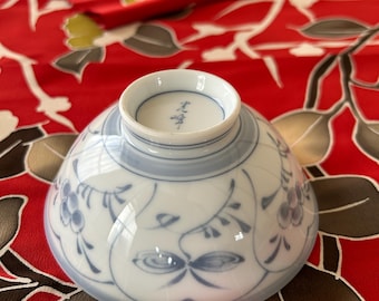 Japanese Mino Ware Porcelain Rice Bowl | Hand-Painted Blue Floral Chawan Vintage