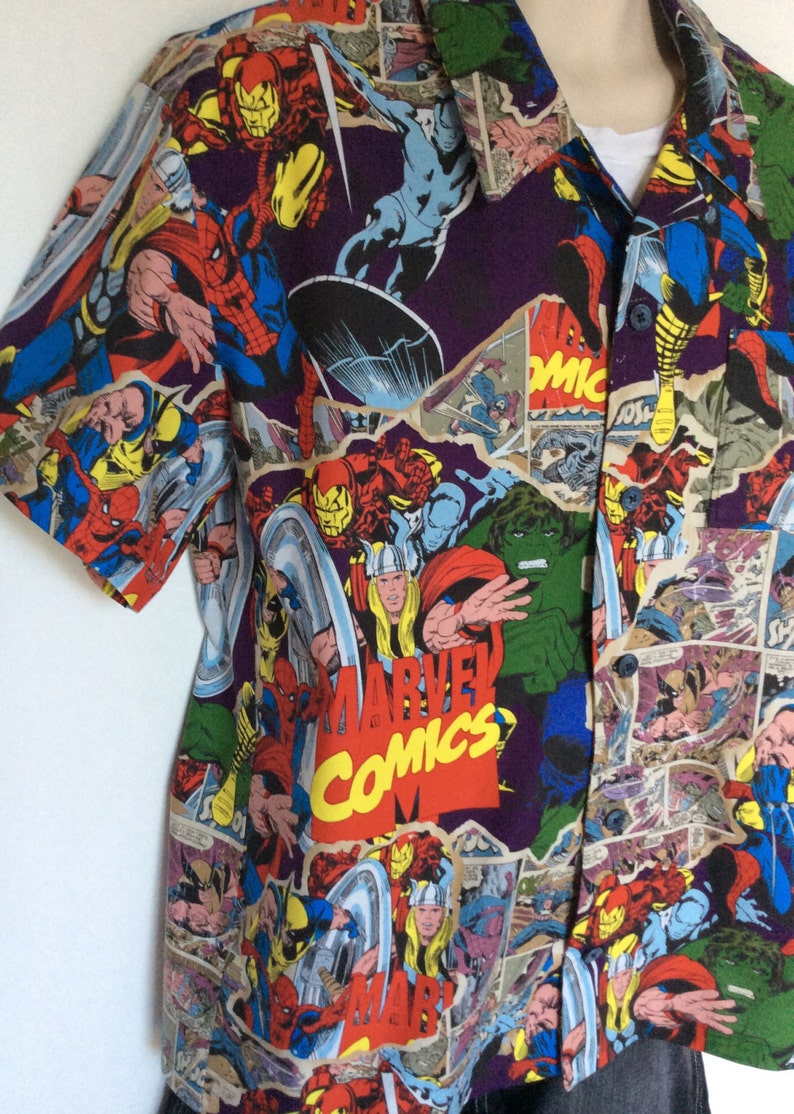 Men s Marvel Comic Super Hero button up shirt Etsy