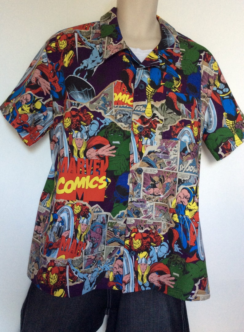 Men's Marvel Comic Super Hero button up shirt Etsy
