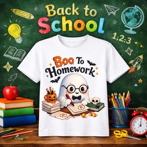 Puede incluir: Camiseta blanca con un diseño temático de Halloween. El diseño presenta un fantasma con gafas y pajarita, escribiendo en un papel con una nota "F". La camiseta tiene el texto "Boo To Homework" y "Back to School".