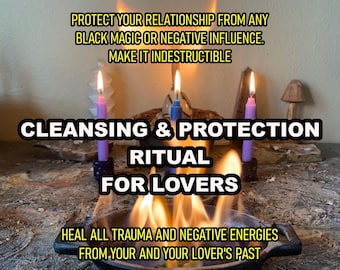 Puede incluir: Tres velas moradas encendidas se encuentran detrás de un cuenco de metal negro con una llama naranja brillante. El texto dice: PROTECT YOUR RELATIONSHIP FROM ANY BLACK MAGIC OR NEGATIVE INFLUENCE. MAKE IT INDESTRUCTIBLE. CLEANSING & PROTECTION RITUAL FOR LOVERS. HEAL ALL TRAUMA AND NEGATIVE ENERGIES FROM YOUR AND YOUR LOVER'S PAST.