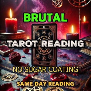 May include: An image with the text "BRUTAL TAROT READING" in white and green, with the words "NO SUGAR COATING" and "SAME DAY READING" in yellow. The image features a tarot card, candles, and other mystical elements.