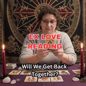May include: A tarot card reading service featuring the text EX LOVE READING and Will We Get Back Together? The scene includes a deck of tarot cards, two red candles, and several small crystals arranged on a purple cloth surface.