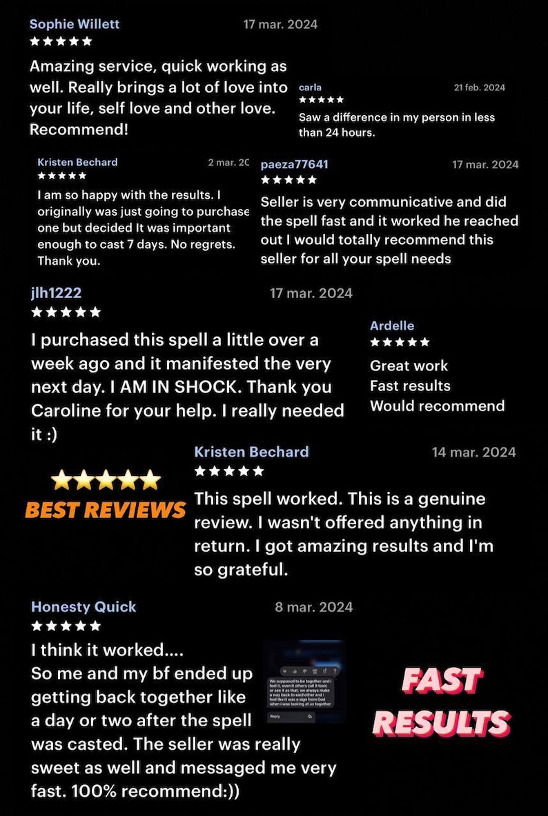 May include: Image featuring customer reviews with star ratings and dates. Text includes phrases like "Amazing service," "Fast results," and "Best Reviews." The words "FAST RESULTS" are highlighted in a pink and red font.