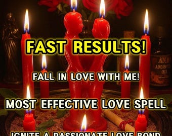 Könnte beinhalten: Eine Anordnung roter Kerzen mit brennenden Flammen, darunter eine zentrale Kerze in Form von zwei sich umarmenden Figuren. Das Bild enthält Text: "FAST RESULTS!" und "FALL IN LOVE WITH ME!". Die Szene wird durch Rosen und eine Flasche ergänzt.