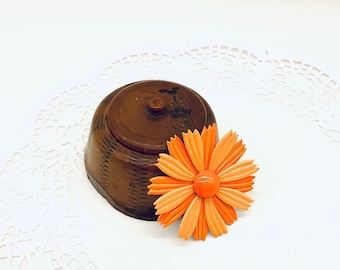 1970's Oversized Brooch / Vintage Orange Daisy Pin / Large Flower Jewelry / Mod Orange Flower Brooch