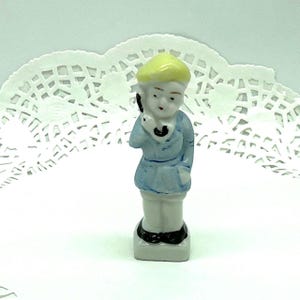 Little Boy Blue Figurine-Ceramic Boy in Blue Statue-Boy with Telephone-Grandma&#39;s Knick Knack-Little French Boy in Beret-Blue Boy Collectible