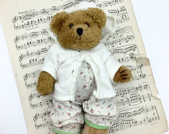 Vintage Brown Bear in 1960's PJ's & Sweater-New/Old Store Stock-1980's Bear and Vintage Baby Doll Clothes-Vintage Teddy Bear