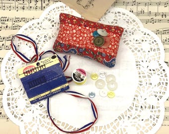 Handmade Quilted Pincushion: Vintage Fabric, Sewing Notions. Buttons, Thread