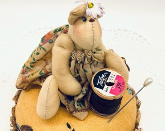 Folk Art Cat Pin Cushion - Handmade Vintage Sewing Supply