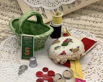 Little Green Basket-Ceramic Basket-Handmade Pin Cushion-Vintage Sewing Notions-Vintage Basket-Sewing Tools-Sewing Collectibles-Quilters Gift