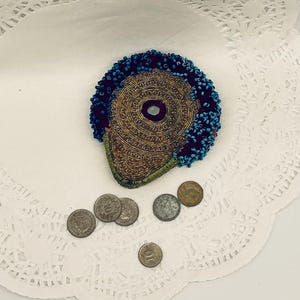 Beaded Coin Purse-Blue Beaded Purse-Small Vintage Pocket Purse-Hand Beaded Pocketbook- Blue and Maroon Purse-Little Bead Coin Bag-Tiny Purse