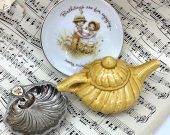 Gold Ceramic Birthday Dish- Vintage Collectibles-Gold Miniature Teapot-Metal Shell Dish-Lasting Treasures Dish-Three Gold Collectibles