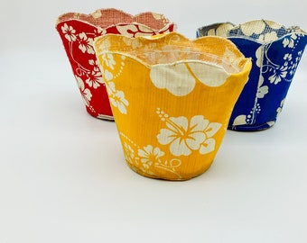 Vintage Summer Home Decor-Red Blue & Yellow Cloth Baskets- Fabric Containers-Vintage  Organizers-Vintage Cloth Baskets-Vintage Plant Covers