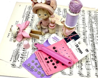 Vintage Sewing Supplies in Pink and Lavender + Old Sewing Accessories + Vintage, Berry Basket of Sewing Collectibles + Vintage Sewing Trims