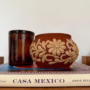 May include: A terracotta pot featuring raised, light-colored floral and vine relief patterns, positioned next to a dark amber glass candle jar on top of a book titled CASA MEXICO by Annie Kelly, showcasing a detailed, textured design.