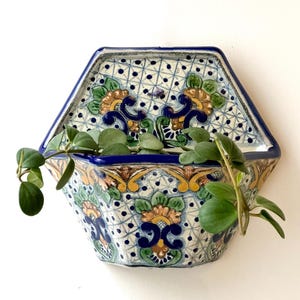 Mexican Talavera Hanging Planter, Hexagon Ceramic Plant Pot, Hand Painted Puebla Pottery, Colorful Home Decor