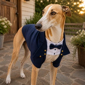 Peut inclure: Un lévrier fauve portant une veste formelle bleu marine avec des boutons dorés sur une chemise blanche agrémentée d'un petit nœud papillon bleu marine. Le vêtement est ajusté à la silhouette fine du chien, couvrant le torse avec un col structuré.