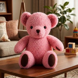 Puede incluir: Un oso de peluche rosa con detalles marrones está sentado en una mesa de centro de madera. El oso tiene un aspecto suave y texturizado con patas marrones oscuras y una nariz a juego. Otros juguetes y decoración son visibles en el fondo.
