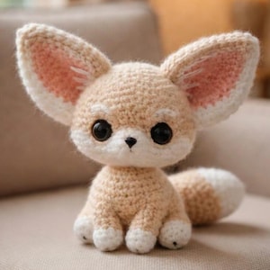 May include: A crocheted Fennec fox plush toy in tan, white, and pink. The handmade stuffed animal has large ears, big black eyes, and a fluffy tail. The fox is sitting on a beige sofa.