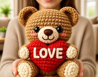 Valentine Teddy Bear Crochet Pattern | Amigurumi Bear Holding Heart LOVE | PDF Plush Toy Pattern Gift