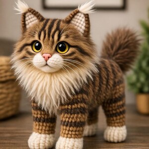 Pu&ograve; includere: Figurina di gatto all'uncinetto con strisce marroni e crema, occhi gialli e una coda soffice. Il gatto ha zampe bianche e un petto color crema. Il gatto &egrave; appoggiato su una superficie di legno.