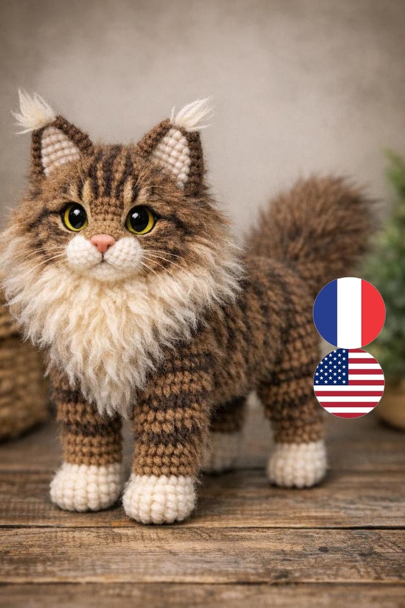 Pu&ograve; includere: Una statuetta di gatto all'uncinetto fatta a mano. Il gatto ha filato marrone e crema con occhi gialli e naso rosa. Ha petto e coda soffici, con zampe bianche. Il gatto &egrave; posizionato su una superficie di legno.