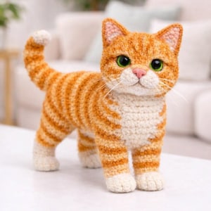 May include: A crocheted cat ornament in shades of orange and white. The cat has green eyes, a pink nose, and white whiskers. The body is striped with orange and white yarn. The cat is standing on a white surface.