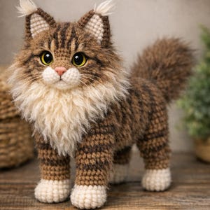 May include: A handmade crochet cat figurine with brown and white striped fur, yellow eyes, and a fluffy white chest. The cat has a pink nose and white paws. The cat is standing on a wooden surface.