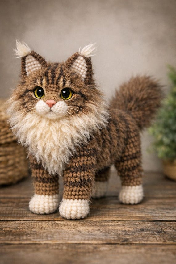 Maine Coon Crochet Pattern PDF | Realistic Cat Amigurumi | Standing Tabby Cat Plush | Intermediate Crochet Toy