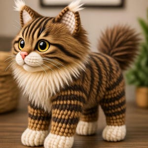 Pu&ograve; includere: Figurina di gatto di peluche fatta a mano con pelliccia a righe marrone e nera, zampe bianche e coda soffice. Il gatto ha grandi occhi gialli e un naso rosa, in piedi su una superficie di legno.