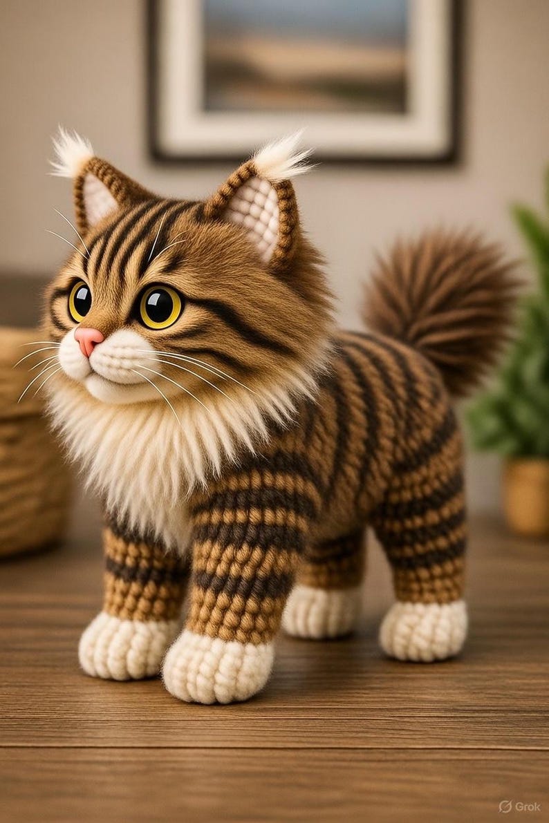 Pu&ograve; includere: Figurina di gatto di peluche fatta a mano con pelliccia a righe marrone e nera, zampe bianche e coda soffice. Il gatto ha grandi occhi gialli e un naso rosa, in piedi su una superficie di legno.