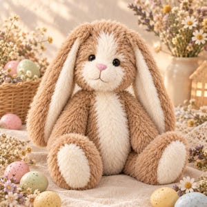 May include: A plush stuffed animal in the shape of a rabbit with long, floppy ears. The rabbit has soft, textured light brown fur with a cream-colored patch on its chest, face, and the soles of its feet. It features a small pink nose and dark eyes.