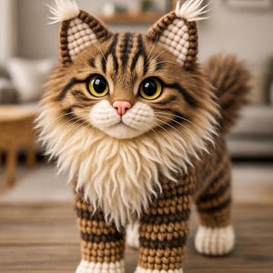 Pu&ograve; includere: Una statuetta di gatto di peluche fatta a mano, con un petto soffice color crema e un corpo a righe marrone e beige. Il gatto ha grandi occhi gialli e un naso rosa, con ciuffi bianchi sulle orecchie.