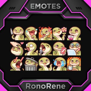 May include: A collection of green snake emotes with various expressions, including anger, joy, and sadness. The emotes are set against a black and pink background with the text "EMOTES" and "RonoRene".