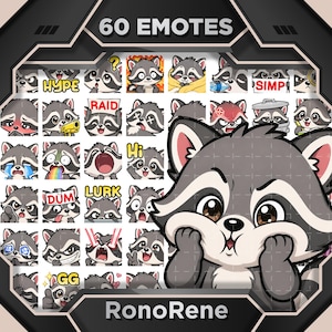 Puede incluir: Gráfico de arte digital con 60 emoticonos de mapache con diversas expresiones y etiquetas de texto como "HYPE" y "RAID". Los emoticonos están en una cuadrícula, con una gran ilustración de mapache en la parte inferior derecha. El texto "RonoRene" está en la parte inferior.