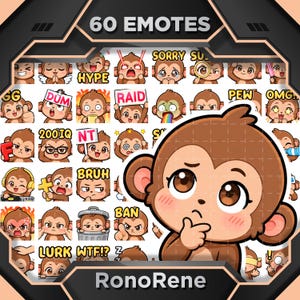 Könnte beinhalten: Eine Sammlung von 60 digitalen Affen-Emotes mit verschiedenen Ausdrücken und Aktionen, einschließlich Textbeschriftungen wie HYPE, RAID, SORRY, BRUH, BAN, LURK und WTF. Die braunen Affenfiguren sind im Cartoon-Stil mit großen Augen dargestellt.