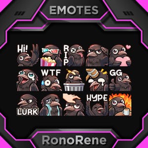 May include: A collection of crow-themed emotes with various expressions and text overlays like "Hi!", "RIP", and "GG". The emotes are set against a black background with pink and gray accents, and the word "EMOTES" is at the top.