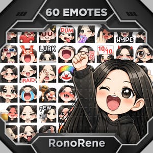 May include: Digital art featuring 60 emotes with various expressions, including winking, angry, and surprised faces. The emotes are of a cartoon girl with black hair. The text "60 EMOTES" and "RonoRene" are displayed in the image.