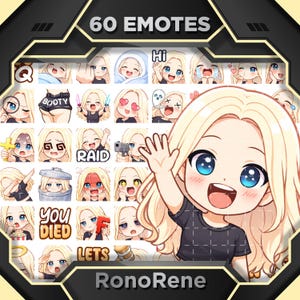 May include: A digital art graphic featuring a collection of 60 emotes with a blonde-haired anime-style character. The character is shown in various expressions and poses, including waving, holding weapons, and displaying emotions. The text "60 EMOTES" and "RonoRene" are also visible.
