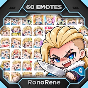 May include: A digital art graphic featuring 60 emotes of a cartoon character with blonde hair and blue eyes. The character displays various expressions, with text labels like "HYPE" and "SIMP". The image includes the text "60 EMOTES" and "RonoRene".