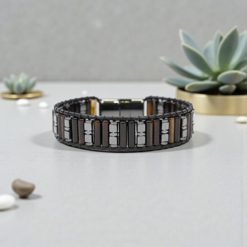 Natural  Agate Bracelet For Men, Hematite Stone Accessories, Artisan Bracelets with Minimal Design, Everyday Accessory