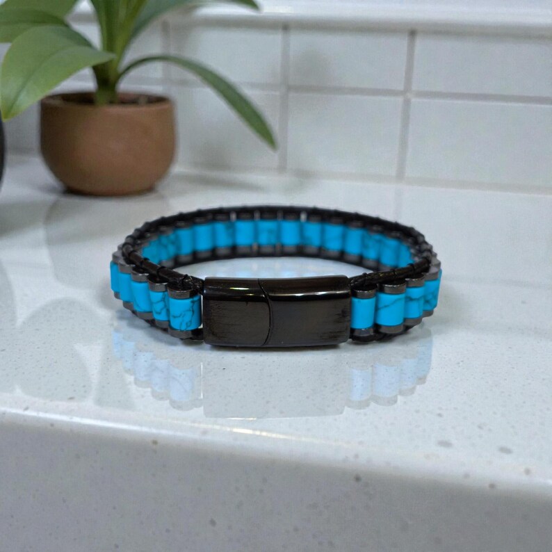 Natural Turquoise Bracelet For Men, Mens Hematite Jewelry with Crystals, Handmade Men Accessory