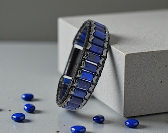 Personalized Name Bracelet, Lapis Lazuli Stone Bracelet, Navy Blue Gemstone Jewelry For Men, Hematite Crystal Accessories