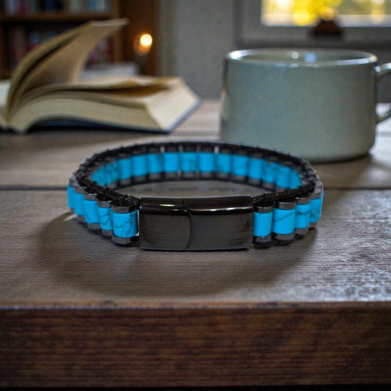 Natural Turquoise Bracelet For Men, Mens Hematite Jewelry with Crystals, Handmade Men Accessory
