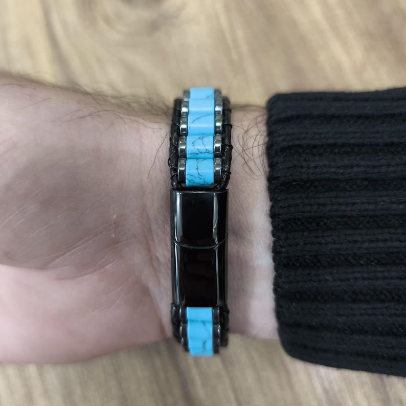 Natural Turquoise Bracelet For Men, Mens Hematite Jewelry with Crystals, Handmade Men Accessory