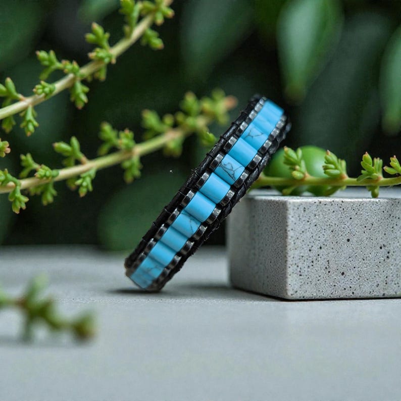 Personalized Name Bracelet, Natural Turquoise Bracelet For Men, Mens Hematite Jewelry with Crystals, Handmade Men Accessory immagine 6