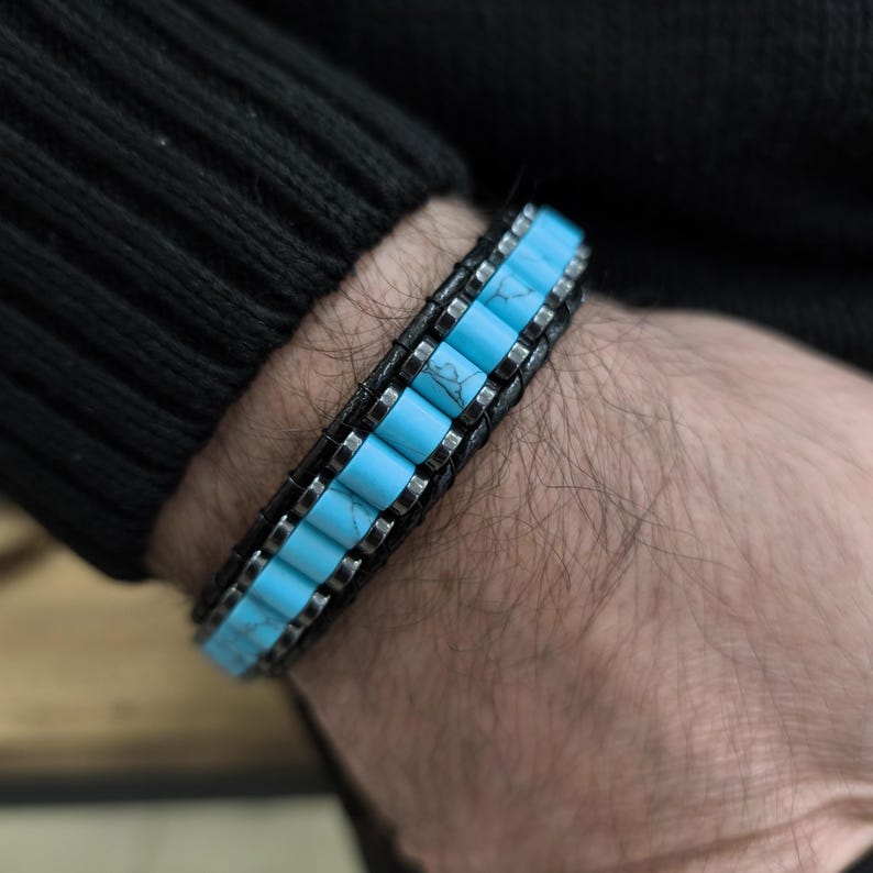 Natural Turquoise Bracelet For Men, Mens Hematite Jewelry with Crystals, Handmade Men Accessory