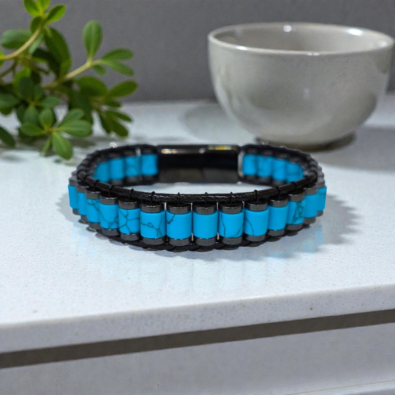 Natural Turquoise Bracelet For Men, Mens Hematite Jewelry with Crystals, Handmade Men Accessory
