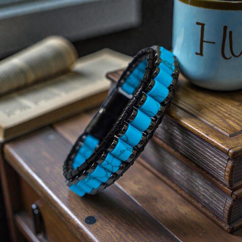 Natural Turquoise Bracelet For Men, Mens Hematite Jewelry with Crystals, Handmade Men Accessory